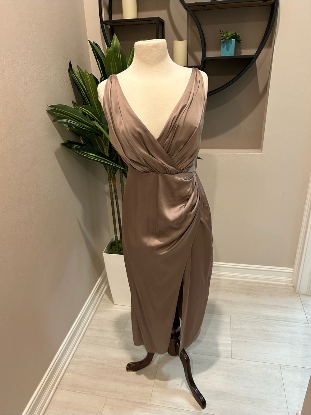 Abercrombie & Fitch Satin Midi Dress in Taupe
